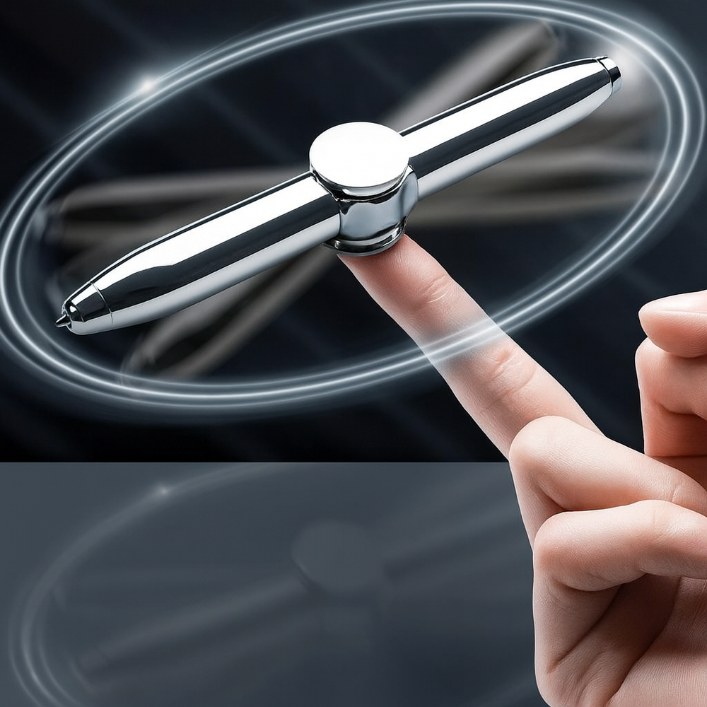 Chrome spinning fidget pen balanced on a finger