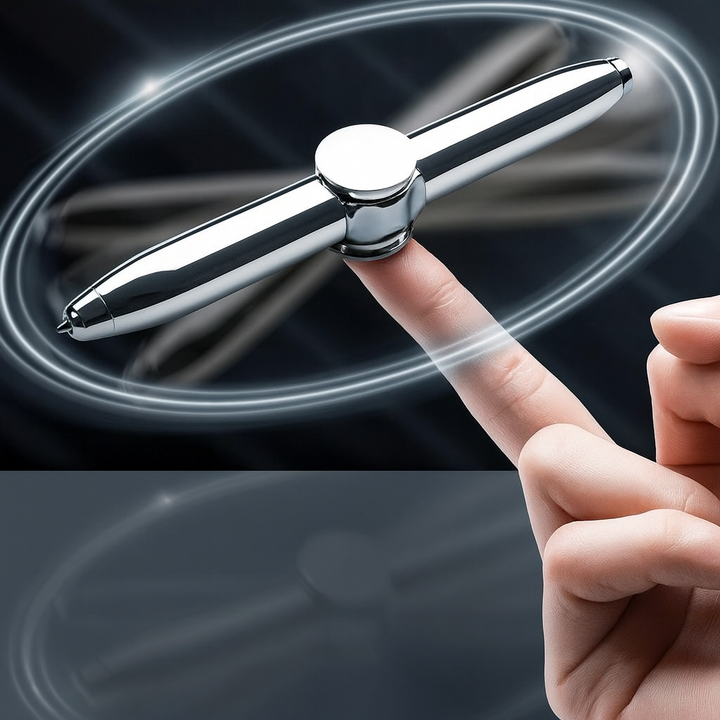 Chrome spinning fidget pen balanced on a finger