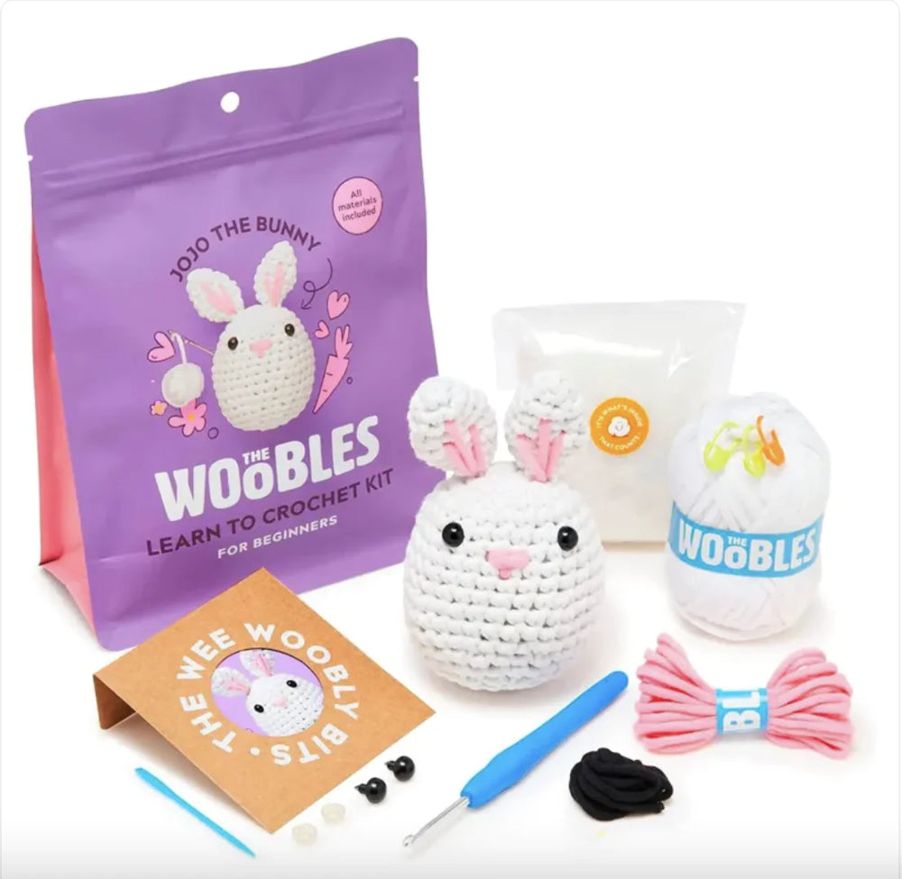 Beginner crochet kit with yarn, tools, and rabbit design