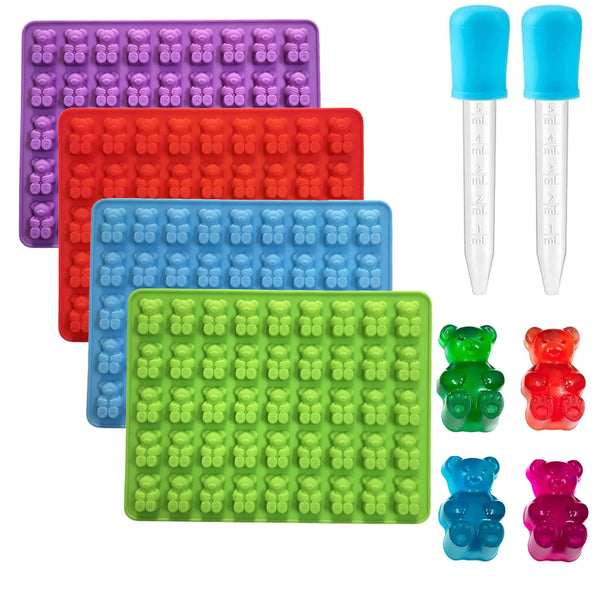Colorful gummy bear molds shown with two clear droppers included in the set