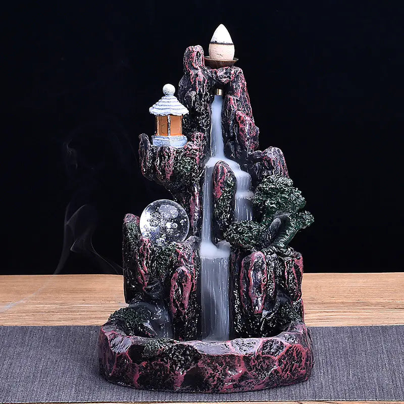 LED backflow incense burner with resin mountain design and waterfall smoke effect