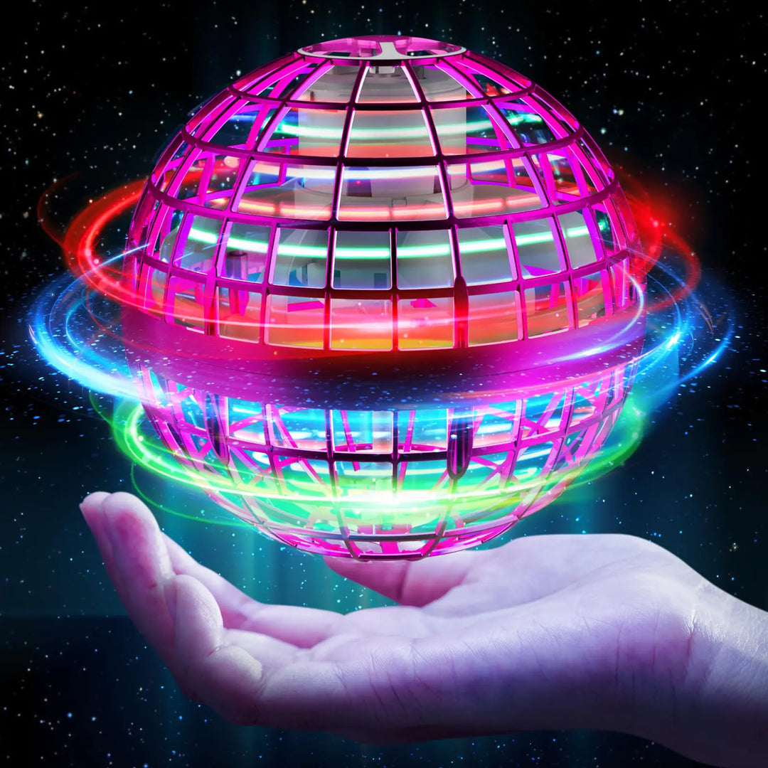 Neon LED flying hoverball floating above a hand