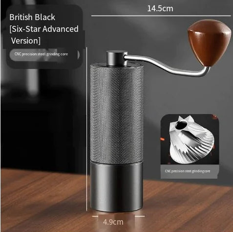 Premium manual coffee grinder in British Black with CNC steel burr and wooden handle