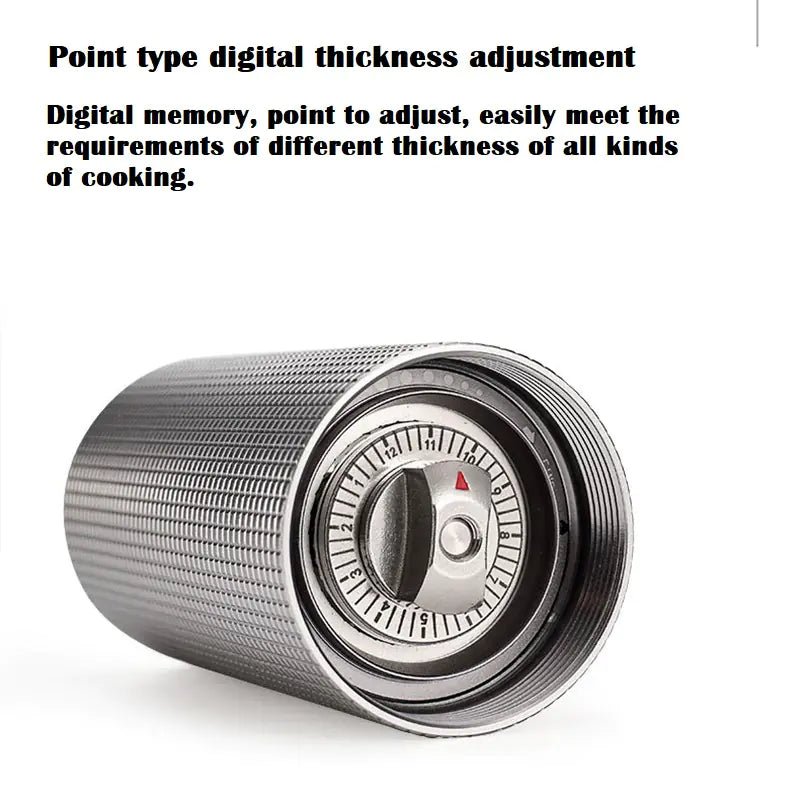 Manual coffee grinder showing digital-style grind thickness adjustment dial