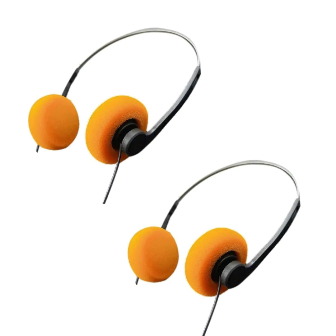 Retro orange foam over-ear headphones with black headband on white background