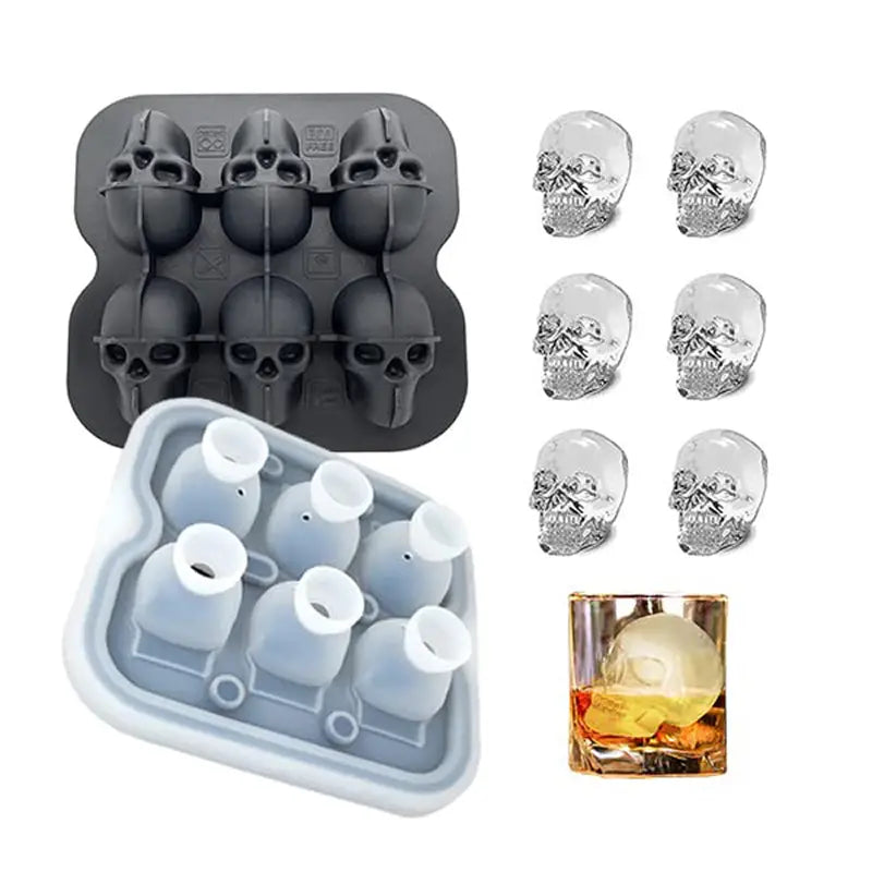 Black silicone skull ice tray mold with six cavities