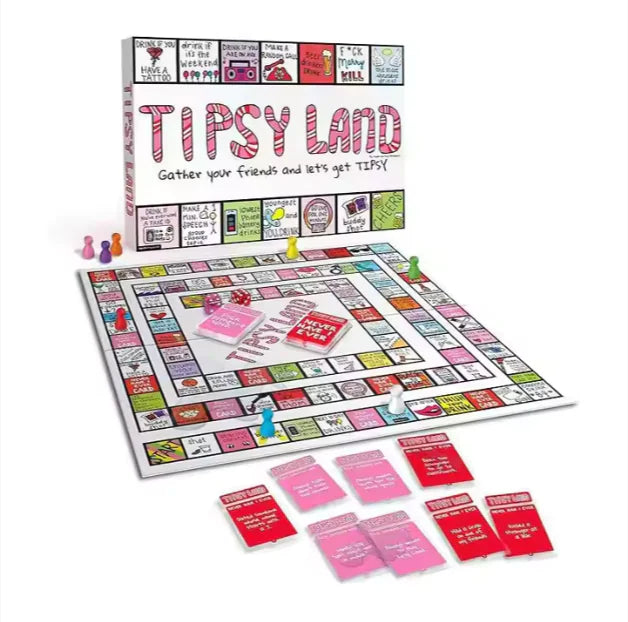 Tipsy Land adult drinking party board game with colorful game board and cards