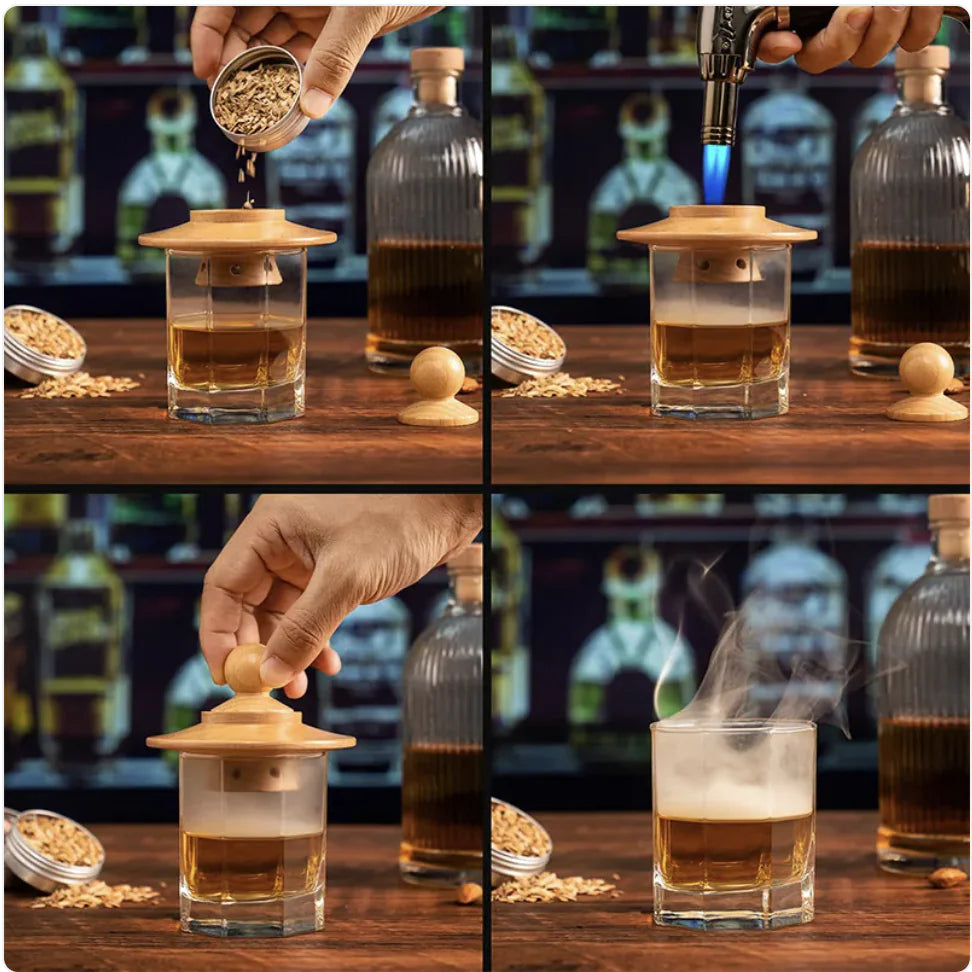 Step-by-step demonstration of using a whiskey smoker kit to infuse a cocktail with smoky flavor