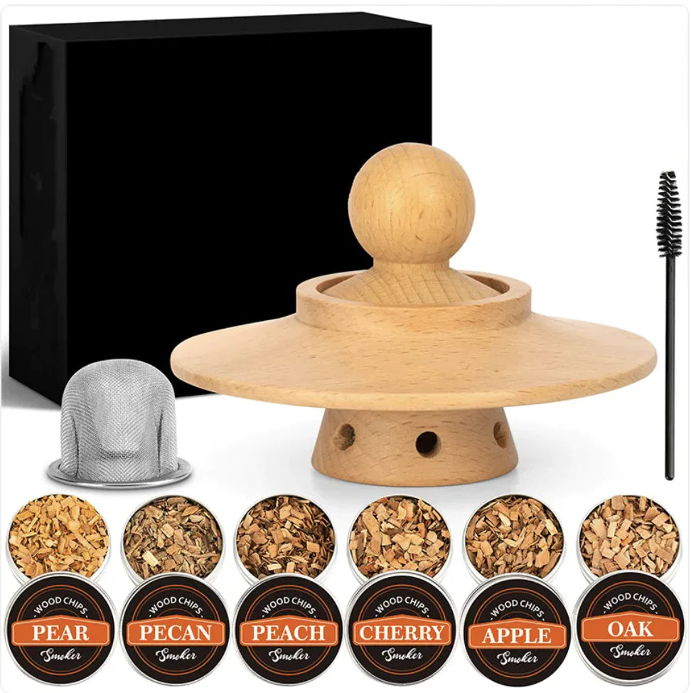 Complete whiskey smoker kit with wood top, mesh filter, brush, and 6 gourmet wood chip flavors